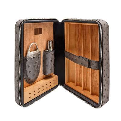 XJ-T113 Yiwu Jiju Brown Leather Travel Portable Cigar Case Include Cigar Cutter And Lighter